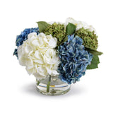 Blue & White Hydrangea Bouquet in Glass Vase